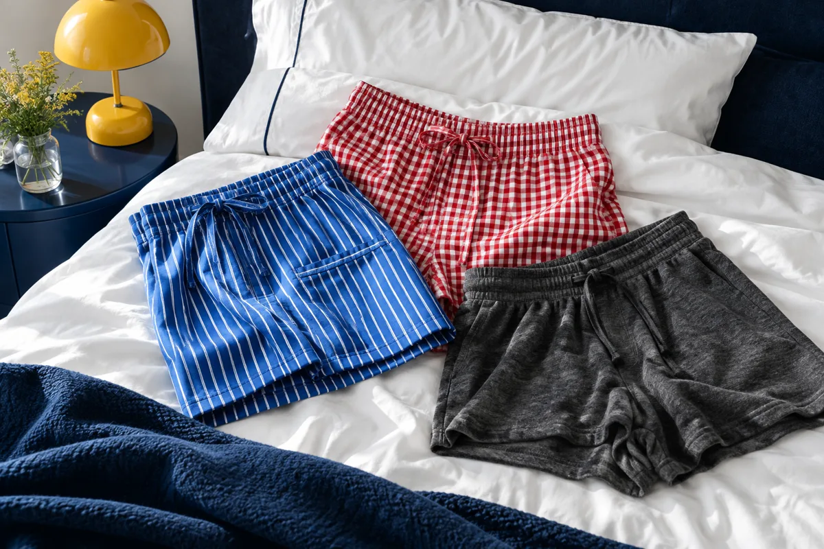 Illustrative arrangement of blue striped, red gingham and charcoal sleep shorts on white bedding